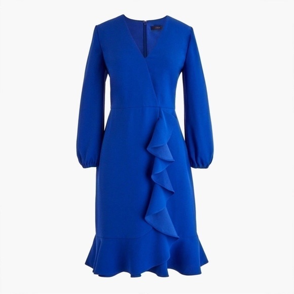 J. Crew Drapey Ruffle Front Dress, Long Sleeves, Faux Wrap, Ocean Blue size 0P - Picture 3 of 14